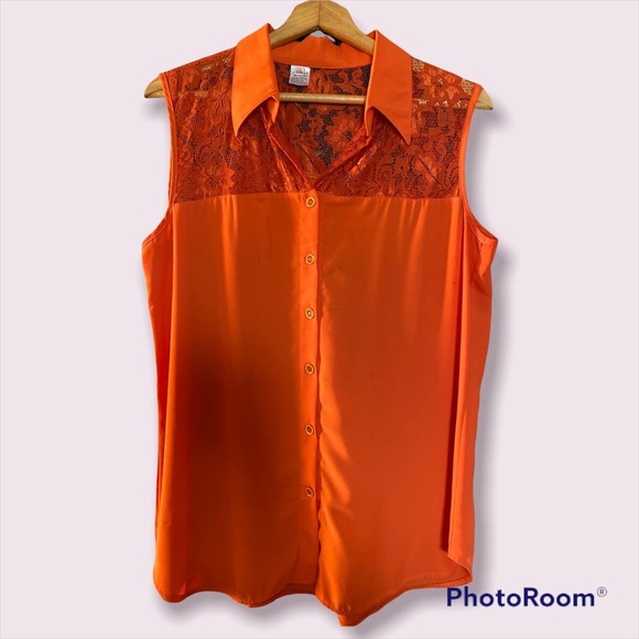 T C Tops - Red Sleeveless Crochet Lace Front Shirt